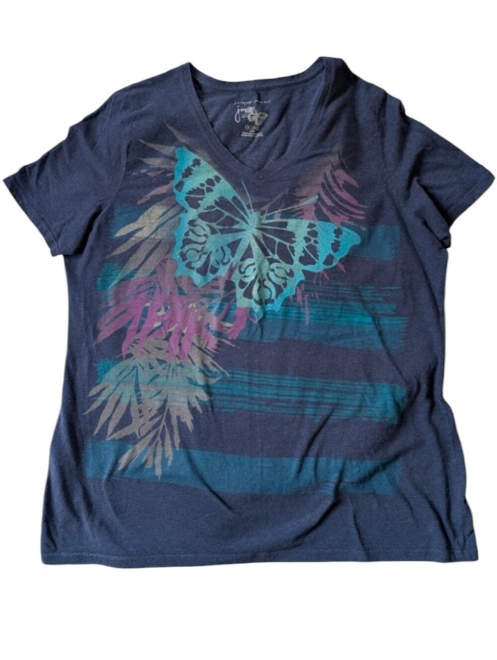 Just My Size Navy V-Neck Butterfly Graphic Tee with Teal and Purple Accents 1X